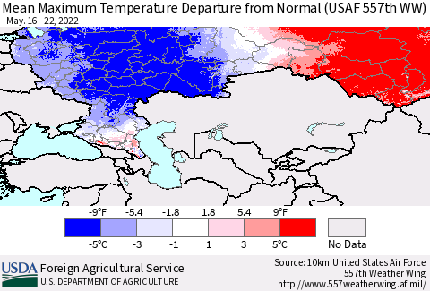 Russian Federation Mean Maximum Temperature Departure from Normal (USAF 557th WW) Thematic Map For 5/16/2022 - 5/22/2022