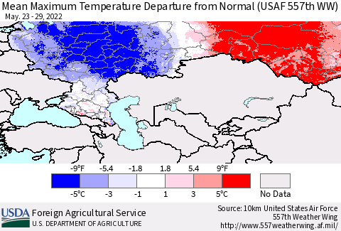 Russian Federation Mean Maximum Temperature Departure from Normal (USAF 557th WW) Thematic Map For 5/23/2022 - 5/29/2022