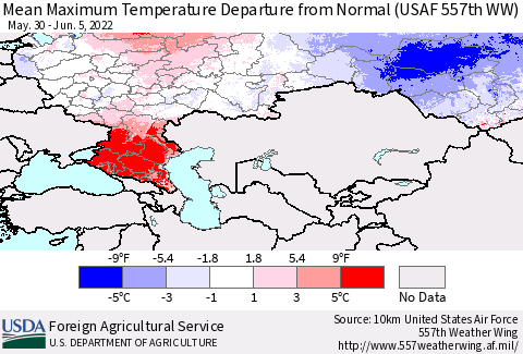 Russian Federation Mean Maximum Temperature Departure from Normal (USAF 557th WW) Thematic Map For 5/30/2022 - 6/5/2022