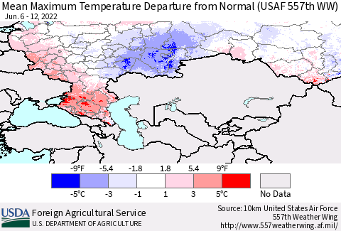 Russian Federation Mean Maximum Temperature Departure from Normal (USAF 557th WW) Thematic Map For 6/6/2022 - 6/12/2022