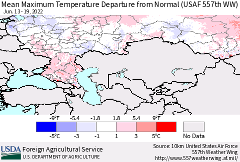 Russian Federation Mean Maximum Temperature Departure from Normal (USAF 557th WW) Thematic Map For 6/13/2022 - 6/19/2022