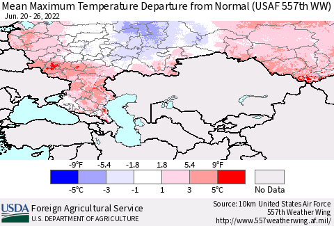 Russian Federation Mean Maximum Temperature Departure from Normal (USAF 557th WW) Thematic Map For 6/20/2022 - 6/26/2022
