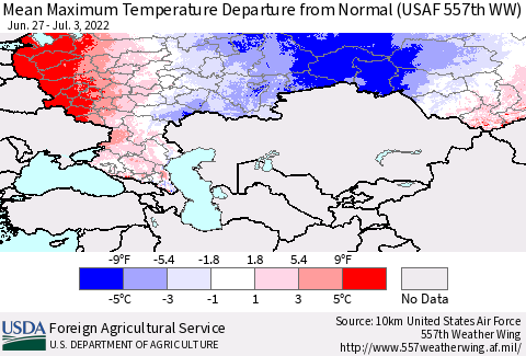 Russian Federation Mean Maximum Temperature Departure from Normal (USAF 557th WW) Thematic Map For 6/27/2022 - 7/3/2022