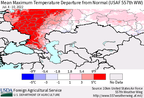 Russian Federation Mean Maximum Temperature Departure from Normal (USAF 557th WW) Thematic Map For 7/4/2022 - 7/10/2022