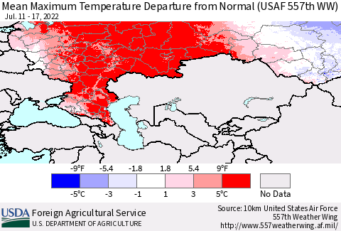 Russian Federation Mean Maximum Temperature Departure from Normal (USAF 557th WW) Thematic Map For 7/11/2022 - 7/17/2022