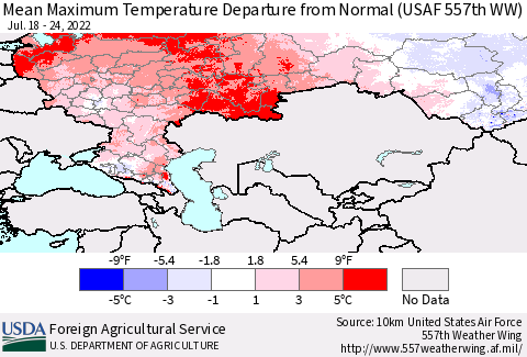 Russian Federation Mean Maximum Temperature Departure from Normal (USAF 557th WW) Thematic Map For 7/18/2022 - 7/24/2022