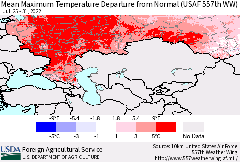 Russian Federation Mean Maximum Temperature Departure from Normal (USAF 557th WW) Thematic Map For 7/25/2022 - 7/31/2022