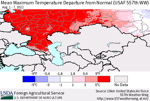 Russian Federation Mean Maximum Temperature Departure from Normal (USAF 557th WW) Thematic Map For 8/1/2022 - 8/7/2022