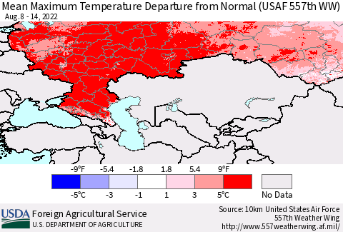 Russian Federation Mean Maximum Temperature Departure from Normal (USAF 557th WW) Thematic Map For 8/8/2022 - 8/14/2022