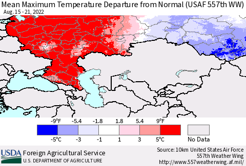 Russian Federation Mean Maximum Temperature Departure from Normal (USAF 557th WW) Thematic Map For 8/15/2022 - 8/21/2022