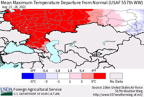 Russian Federation Mean Maximum Temperature Departure from Normal (USAF 557th WW) Thematic Map For 8/22/2022 - 8/28/2022