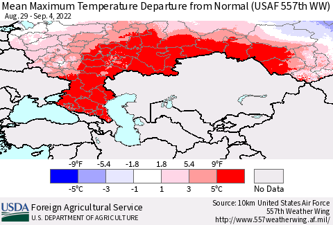 Russian Federation Mean Maximum Temperature Departure from Normal (USAF 557th WW) Thematic Map For 8/29/2022 - 9/4/2022