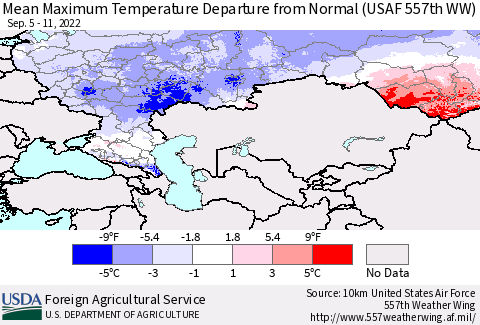 Russian Federation Mean Maximum Temperature Departure from Normal (USAF 557th WW) Thematic Map For 9/5/2022 - 9/11/2022
