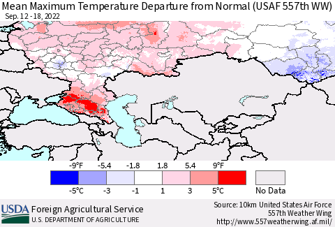 Russian Federation Mean Maximum Temperature Departure from Normal (USAF 557th WW) Thematic Map For 9/12/2022 - 9/18/2022