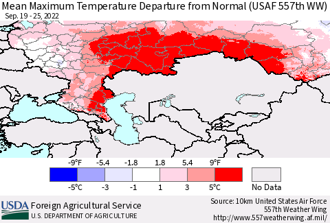 Russian Federation Mean Maximum Temperature Departure from Normal (USAF 557th WW) Thematic Map For 9/19/2022 - 9/25/2022