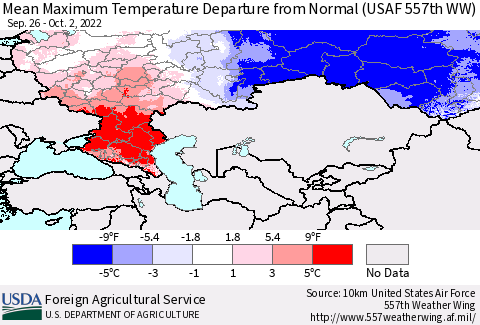 Russian Federation Mean Maximum Temperature Departure from Normal (USAF 557th WW) Thematic Map For 9/26/2022 - 10/2/2022