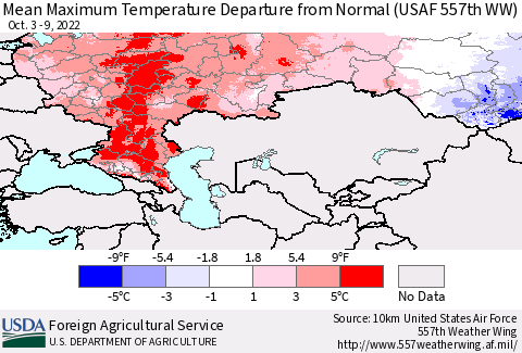 Russian Federation Mean Maximum Temperature Departure from Normal (USAF 557th WW) Thematic Map For 10/3/2022 - 10/9/2022