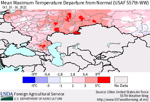 Russian Federation Mean Maximum Temperature Departure from Normal (USAF 557th WW) Thematic Map For 10/10/2022 - 10/16/2022