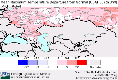 Russian Federation Mean Maximum Temperature Departure from Normal (USAF 557th WW) Thematic Map For 10/17/2022 - 10/23/2022