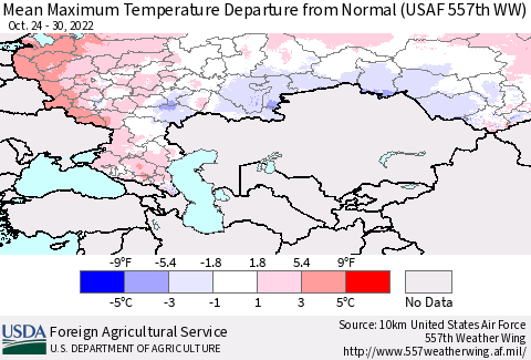 Russian Federation Mean Maximum Temperature Departure from Normal (USAF 557th WW) Thematic Map For 10/24/2022 - 10/30/2022