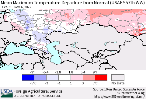 Russian Federation Mean Maximum Temperature Departure from Normal (USAF 557th WW) Thematic Map For 10/31/2022 - 11/6/2022