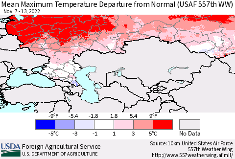 Russian Federation Mean Maximum Temperature Departure from Normal (USAF 557th WW) Thematic Map For 11/7/2022 - 11/13/2022