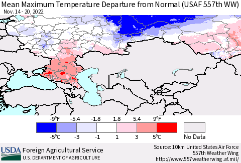 Russian Federation Mean Maximum Temperature Departure from Normal (USAF 557th WW) Thematic Map For 11/14/2022 - 11/20/2022