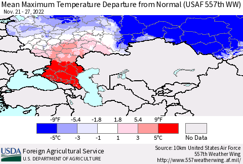 Russian Federation Mean Maximum Temperature Departure from Normal (USAF 557th WW) Thematic Map For 11/21/2022 - 11/27/2022