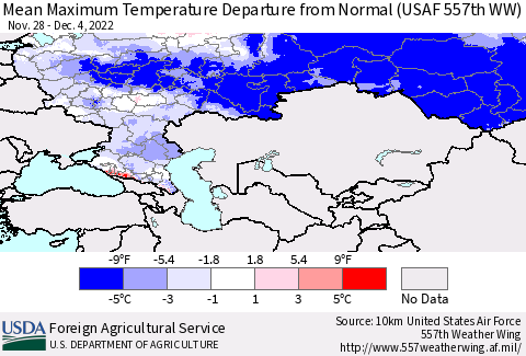 Russian Federation Mean Maximum Temperature Departure from Normal (USAF 557th WW) Thematic Map For 11/28/2022 - 12/4/2022