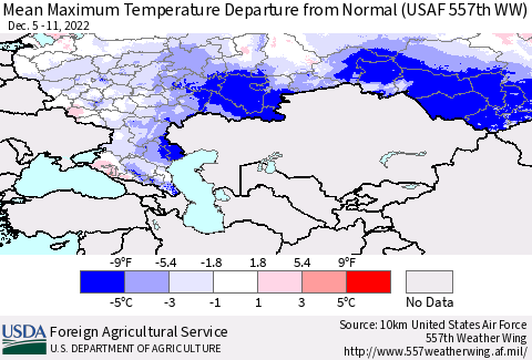 Russian Federation Mean Maximum Temperature Departure from Normal (USAF 557th WW) Thematic Map For 12/5/2022 - 12/11/2022