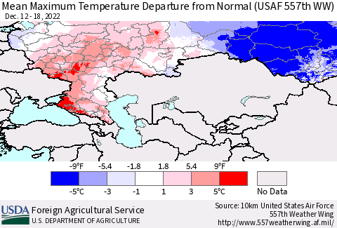 Russian Federation Mean Maximum Temperature Departure from Normal (USAF 557th WW) Thematic Map For 12/12/2022 - 12/18/2022