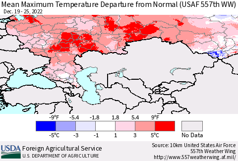 Russian Federation Mean Maximum Temperature Departure from Normal (USAF 557th WW) Thematic Map For 12/19/2022 - 12/25/2022