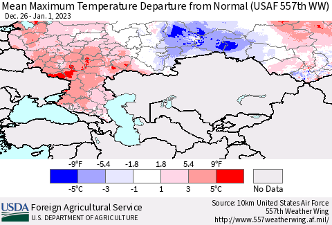 Russian Federation Mean Maximum Temperature Departure from Normal (USAF 557th WW) Thematic Map For 12/26/2022 - 1/1/2023