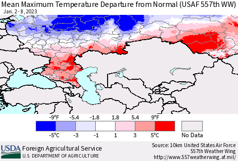 Russian Federation Mean Maximum Temperature Departure from Normal (USAF 557th WW) Thematic Map For 1/2/2023 - 1/8/2023
