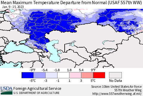 Russian Federation Mean Maximum Temperature Departure from Normal (USAF 557th WW) Thematic Map For 1/9/2023 - 1/15/2023