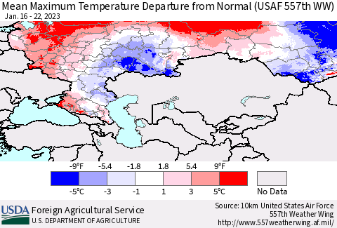 Russian Federation Mean Maximum Temperature Departure from Normal (USAF 557th WW) Thematic Map For 1/16/2023 - 1/22/2023