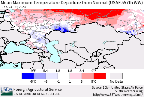 Russian Federation Mean Maximum Temperature Departure from Normal (USAF 557th WW) Thematic Map For 1/23/2023 - 1/29/2023