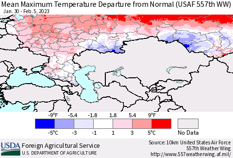 Russian Federation Mean Maximum Temperature Departure from Normal (USAF 557th WW) Thematic Map For 1/30/2023 - 2/5/2023