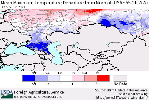 Russian Federation Mean Maximum Temperature Departure from Normal (USAF 557th WW) Thematic Map For 2/6/2023 - 2/12/2023