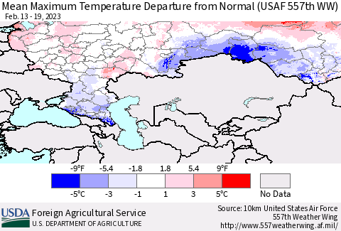 Russian Federation Mean Maximum Temperature Departure from Normal (USAF 557th WW) Thematic Map For 2/13/2023 - 2/19/2023