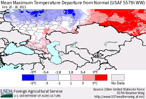 Russian Federation Mean Maximum Temperature Departure from Normal (USAF 557th WW) Thematic Map For 2/20/2023 - 2/26/2023