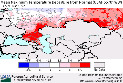Russian Federation Mean Maximum Temperature Departure from Normal (USAF 557th WW) Thematic Map For 2/27/2023 - 3/5/2023