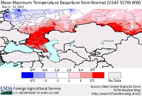 Russian Federation Mean Maximum Temperature Departure from Normal (USAF 557th WW) Thematic Map For 3/6/2023 - 3/12/2023