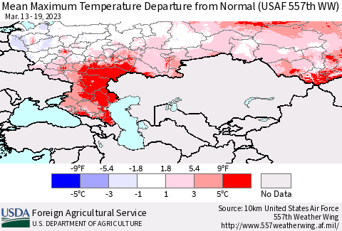 Russian Federation Mean Maximum Temperature Departure from Normal (USAF 557th WW) Thematic Map For 3/13/2023 - 3/19/2023