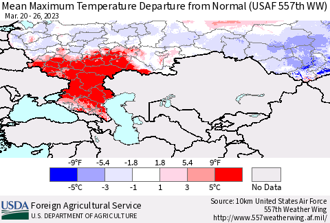 Russian Federation Mean Maximum Temperature Departure from Normal (USAF 557th WW) Thematic Map For 3/20/2023 - 3/26/2023