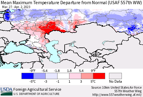 Russian Federation Mean Maximum Temperature Departure from Normal (USAF 557th WW) Thematic Map For 3/27/2023 - 4/2/2023