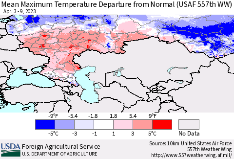 Russian Federation Mean Maximum Temperature Departure from Normal (USAF 557th WW) Thematic Map For 4/3/2023 - 4/9/2023