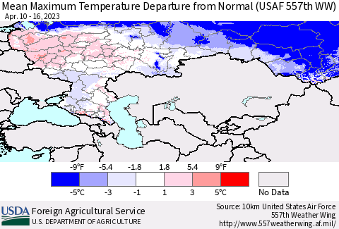 Russian Federation Mean Maximum Temperature Departure from Normal (USAF 557th WW) Thematic Map For 4/10/2023 - 4/16/2023