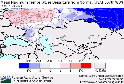 Russian Federation Mean Maximum Temperature Departure from Normal (USAF 557th WW) Thematic Map For 4/17/2023 - 4/23/2023