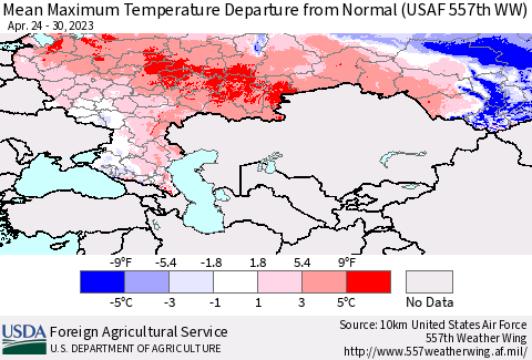 Russian Federation Mean Maximum Temperature Departure from Normal (USAF 557th WW) Thematic Map For 4/24/2023 - 4/30/2023